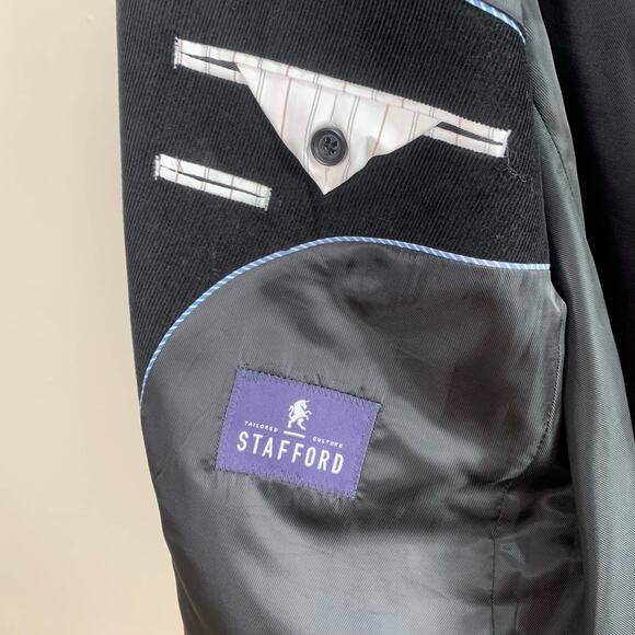 Stafford 48 Reg Classic Black Corduroy Sport Coat Blazer Jacket Elbow Patches - Picture 14 of 16